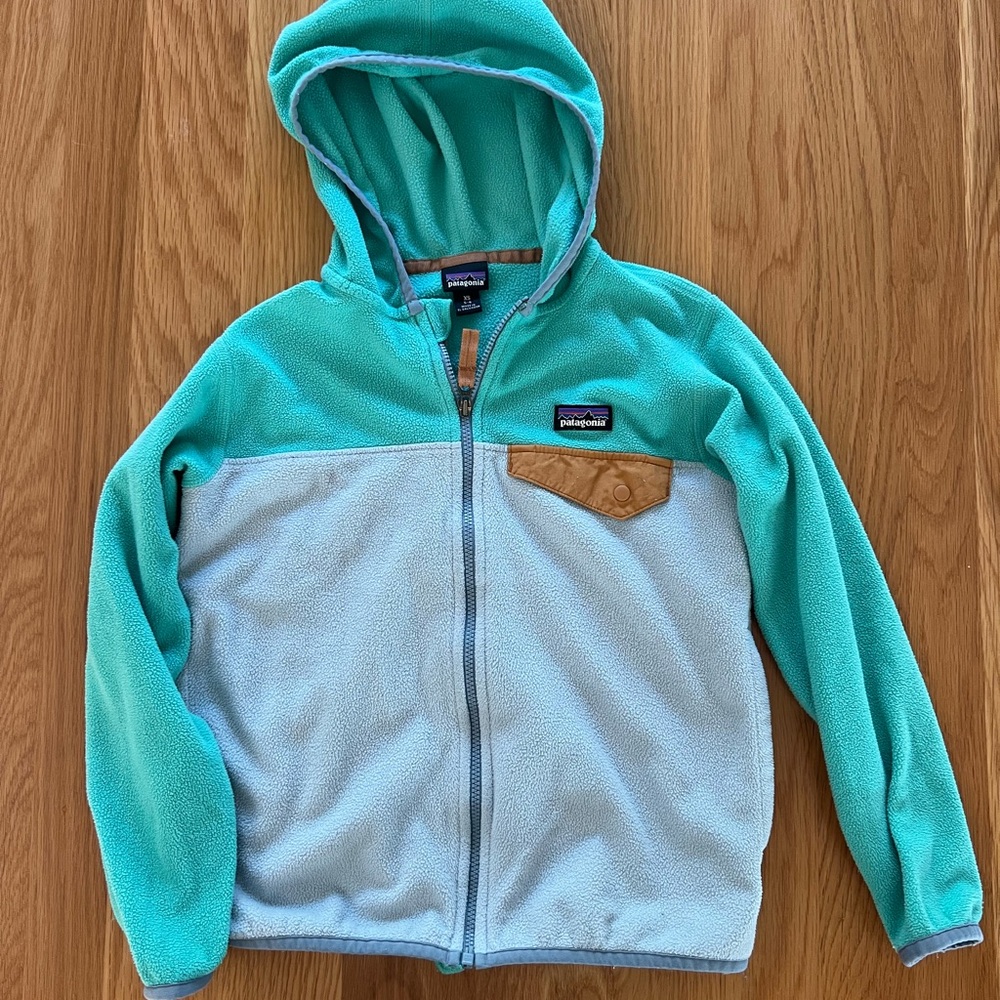 Patagonia Kids' Fleece Hoodie - Aqua and Light Blue